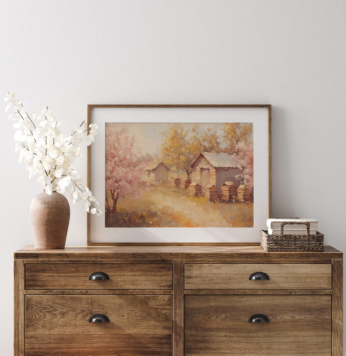 Pink Blossom Orchard With Rustic Beehives Pastel Farmhouse Poster - Image 2
