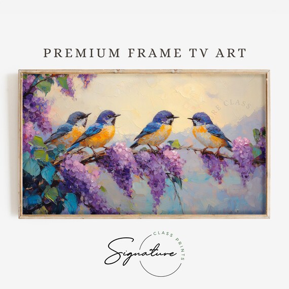 Four Blue Orange Songbirds On Purple Lilac Branch Impasto Poster