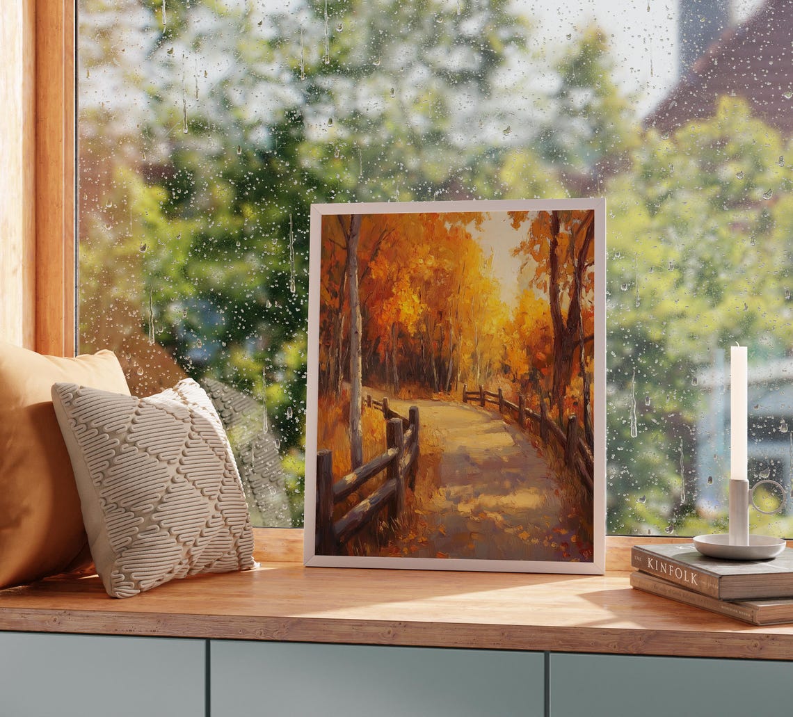 Golden Autumn Path With Wooden Fence Through Birch Trees Poster - Image 2