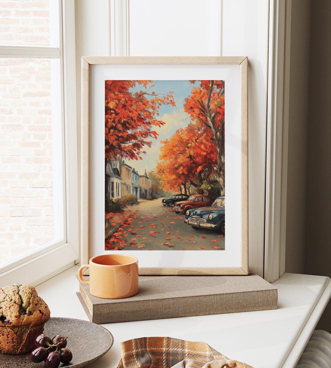 Row of Classic Cars Parked on a Charming Fall Street Painting Poster - Image 6