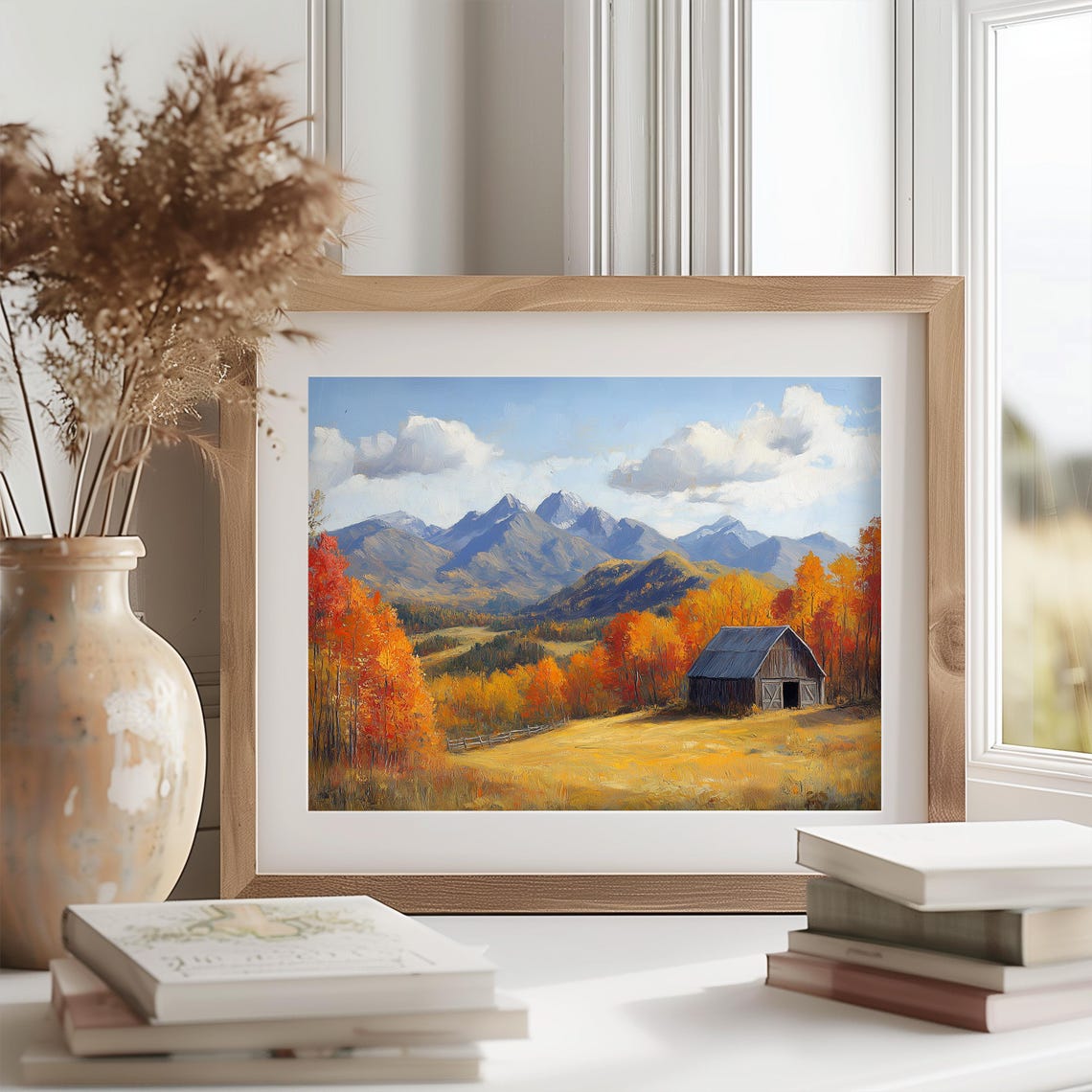 Rustic Wooden Barn Fall Foliage Mountain Panorama Painting Print - Image 2