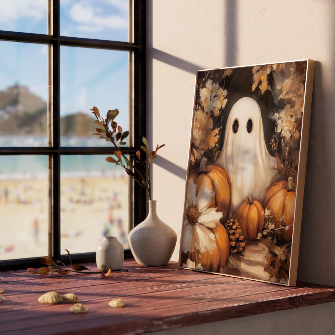 Ghost Smiling Over Pumpkins Daisies and Pinecones Autumn Poster - Image 5