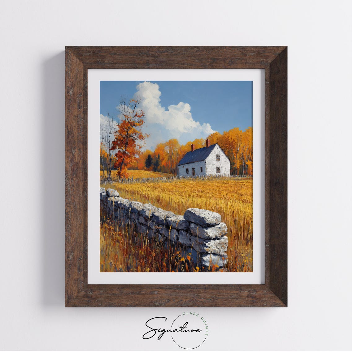 White Farmhouse and Stone Wall Over Golden Wheat Field Poster - Image 4