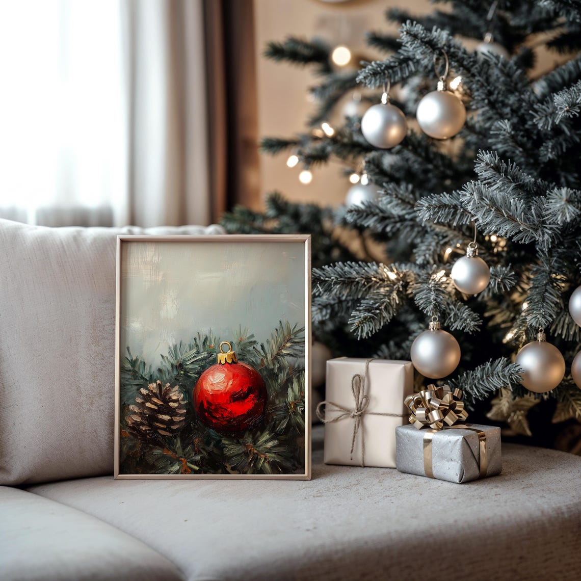 Red Christmas Ornament and Pinecone on Evergreen Branches Poster - Image 5