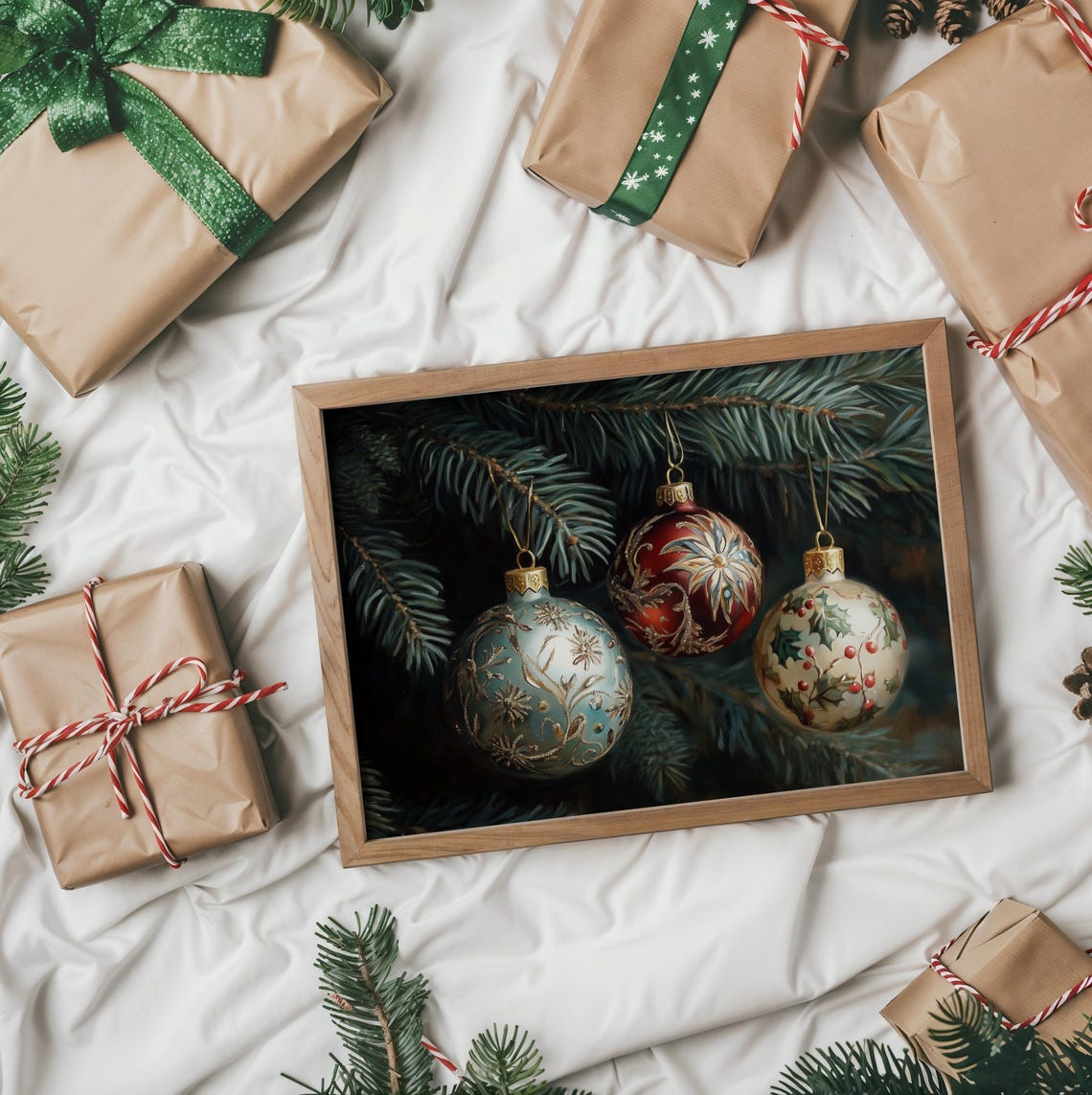 Three Ornate Christmas Ornaments Hanging On Pine Branch Poster - Image 2