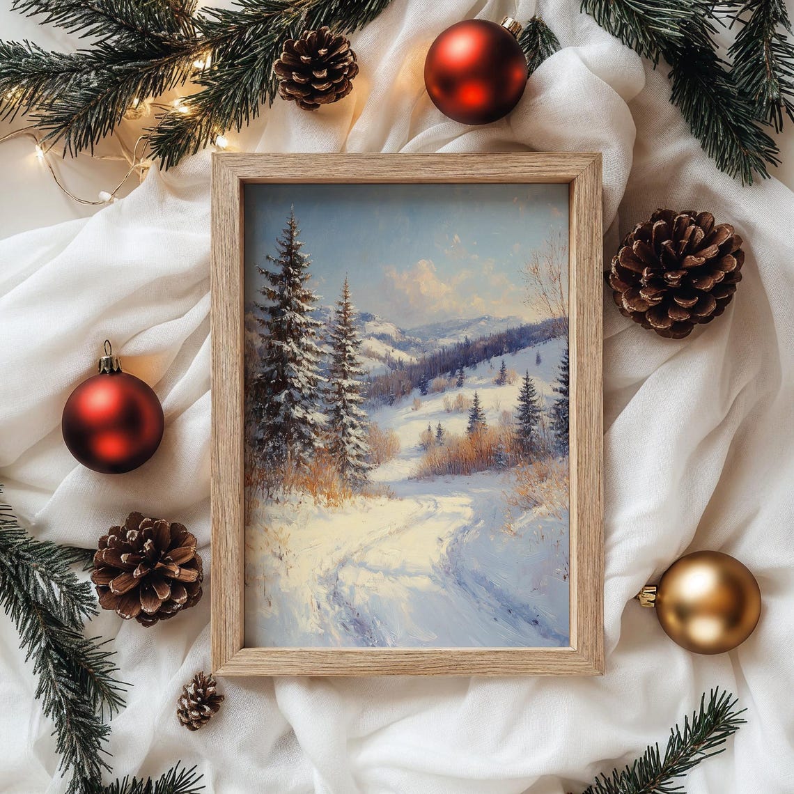Sunny Winter Mountain Valley with Tall Pines under Blue Sky Poster - Image 4