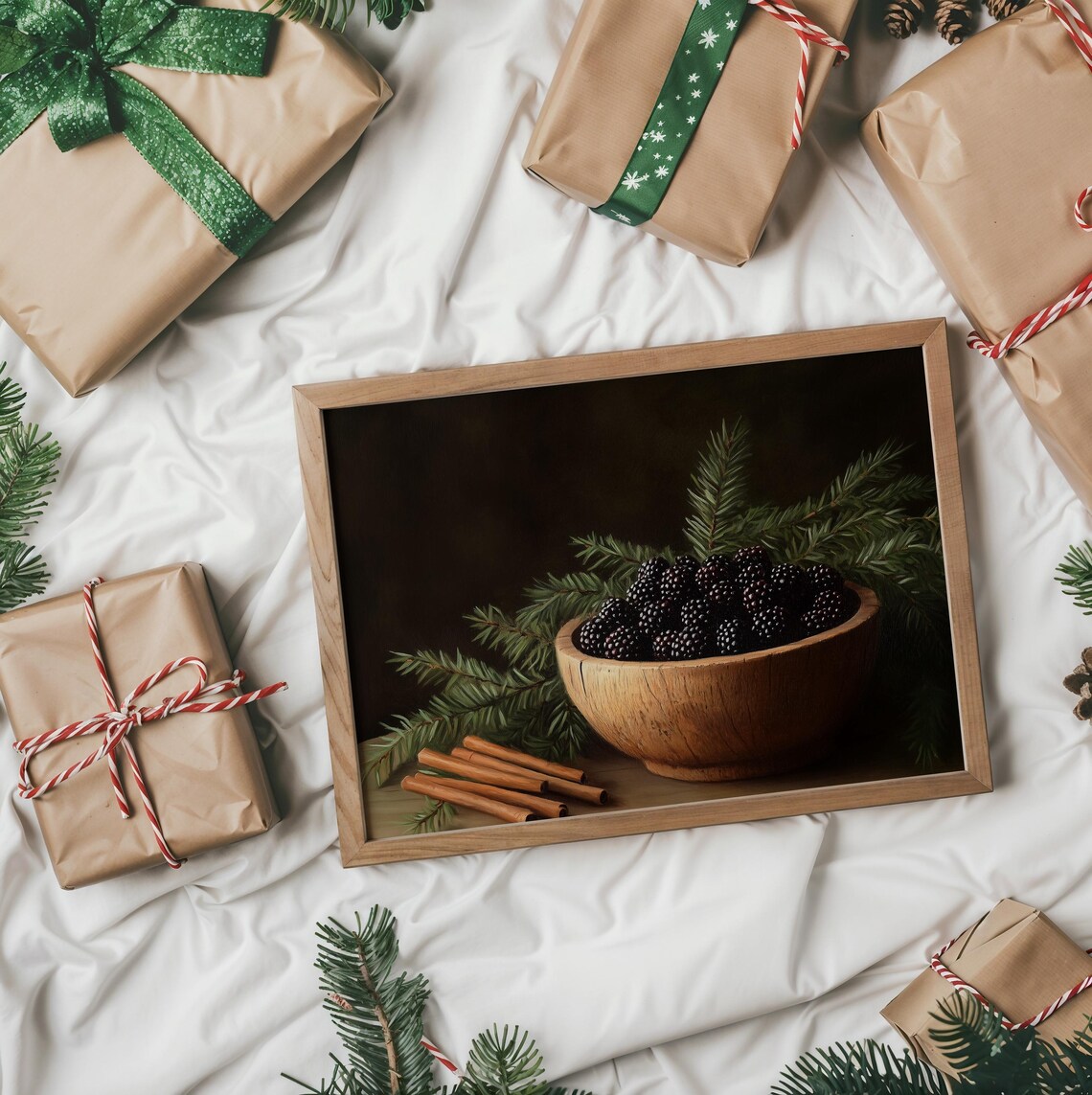 Wooden Bowl Of Blackberries With Pine And Cinnamon Still Life Poster - Image 2