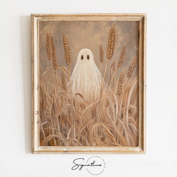 Ghost In Wheat Field Rustic Autumn Harvest Scene Earthy Cottagecore Halloween Wall Art Moody Fall Decor Art Print 1588