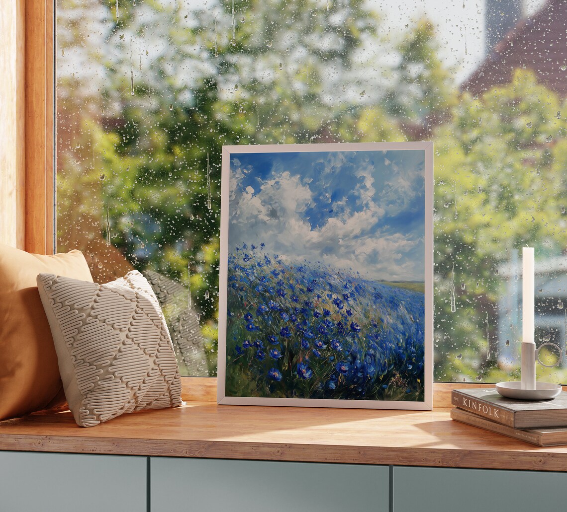 Blue Flax Field Under Dramatic Cloudy Wildflower Wind Sky Poster - Image 2