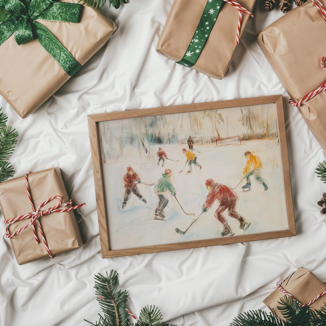 Children Playing Ice Hockey On A Frozen Winter Pond Scene Poster - Image 2