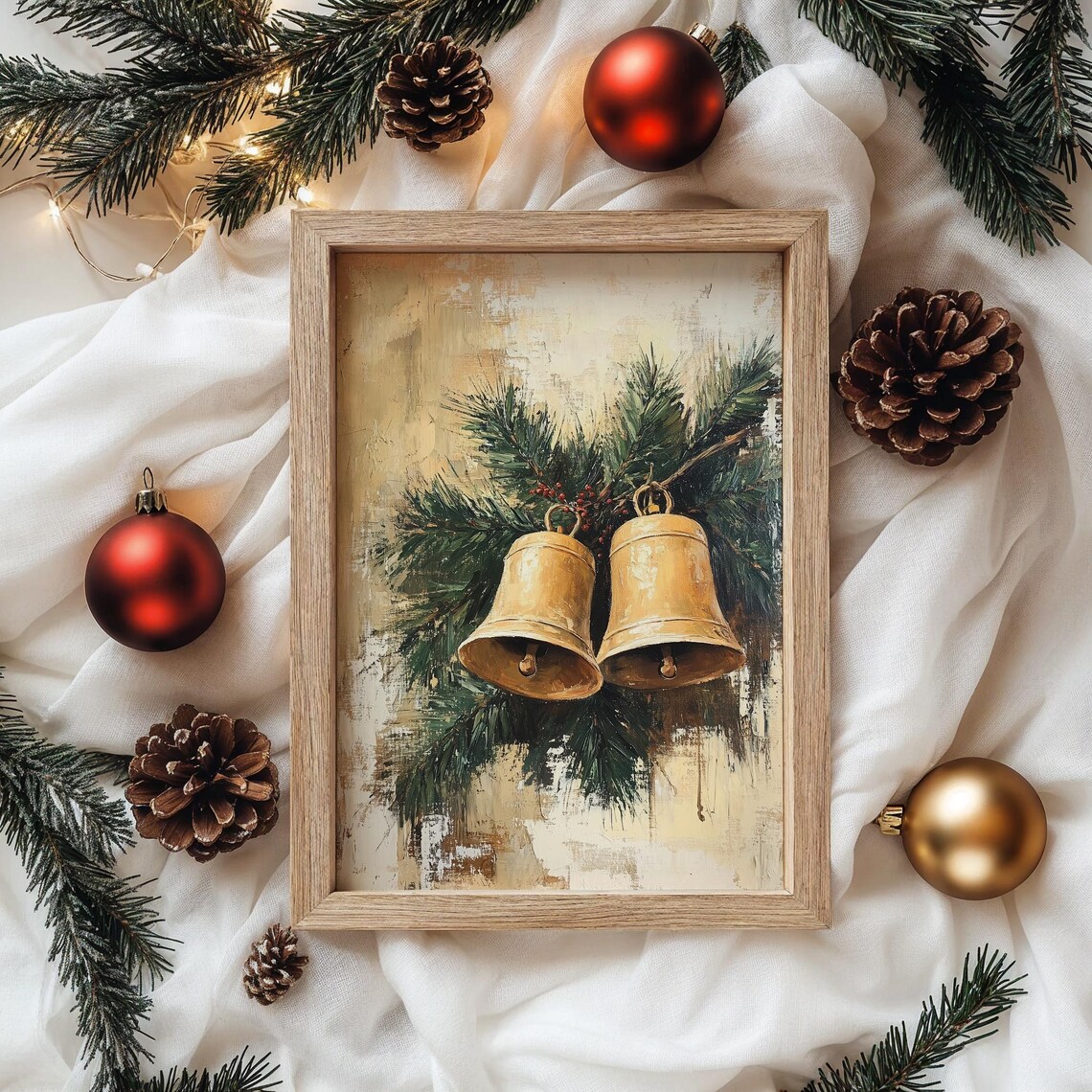 Pair of Golden Christmas Bells with Pine Branches Oil Painting Print - Image 4