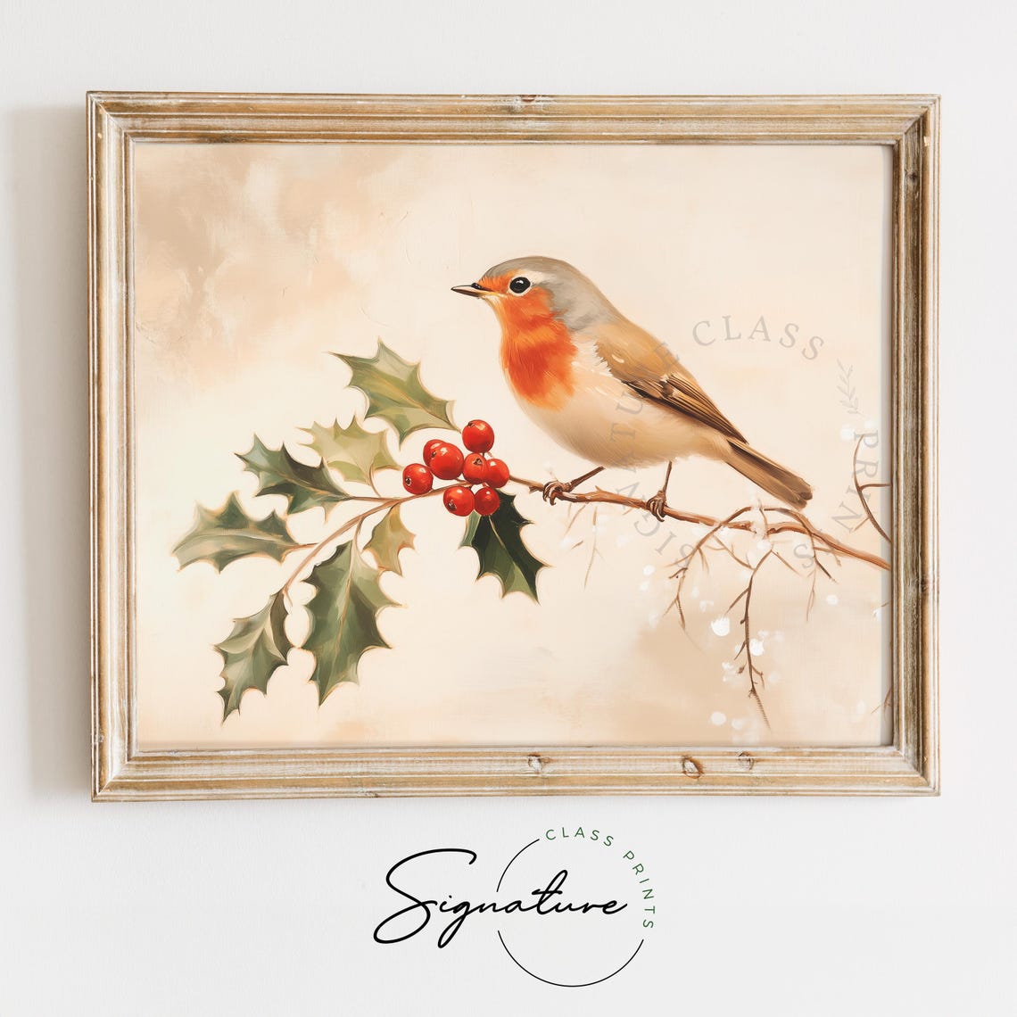 Classic Vintage Robin With Holly And Red Berries Winter Bird Print