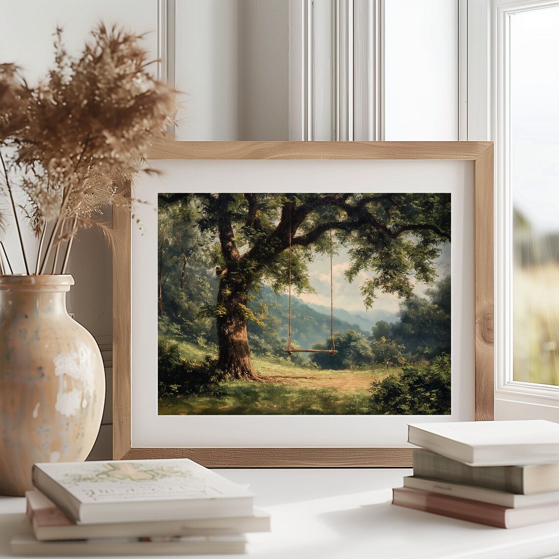 Wooden Tree Swing Overlooking Green Valley Vintage Landscape Oil Poster - Image 2