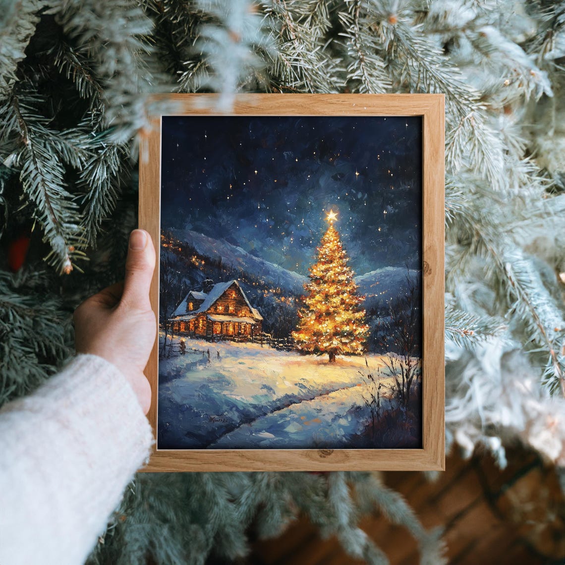 Snowy Christmas Night Lit Tree Log Cabin Starry Sky Winter Art Poster