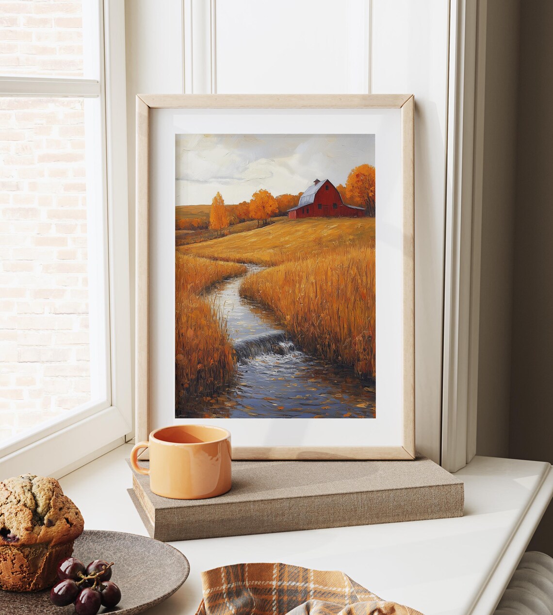 Red Barn Beside Winding Stream Flowing Through Golden Wheat Fields Wall Art - Image 6