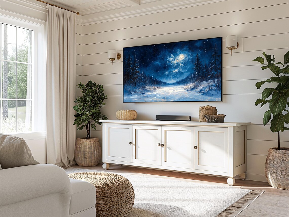 Moonlit Starry Night Over Snowy Forest Clearing Winter Night Art Poster - Image 3
