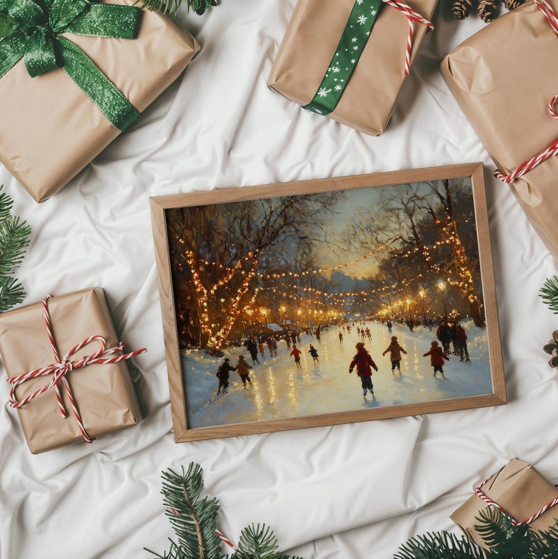 Festive Ice Skating Rink Crowd Under Holiday String Lights Poster - Image 2