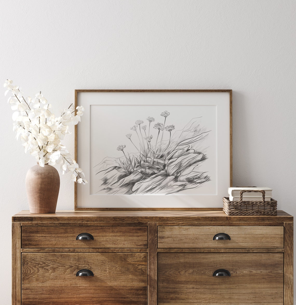 Wildflowers Among Rocks Pencil Sketch Minimalist Botanical Poster - Image 3