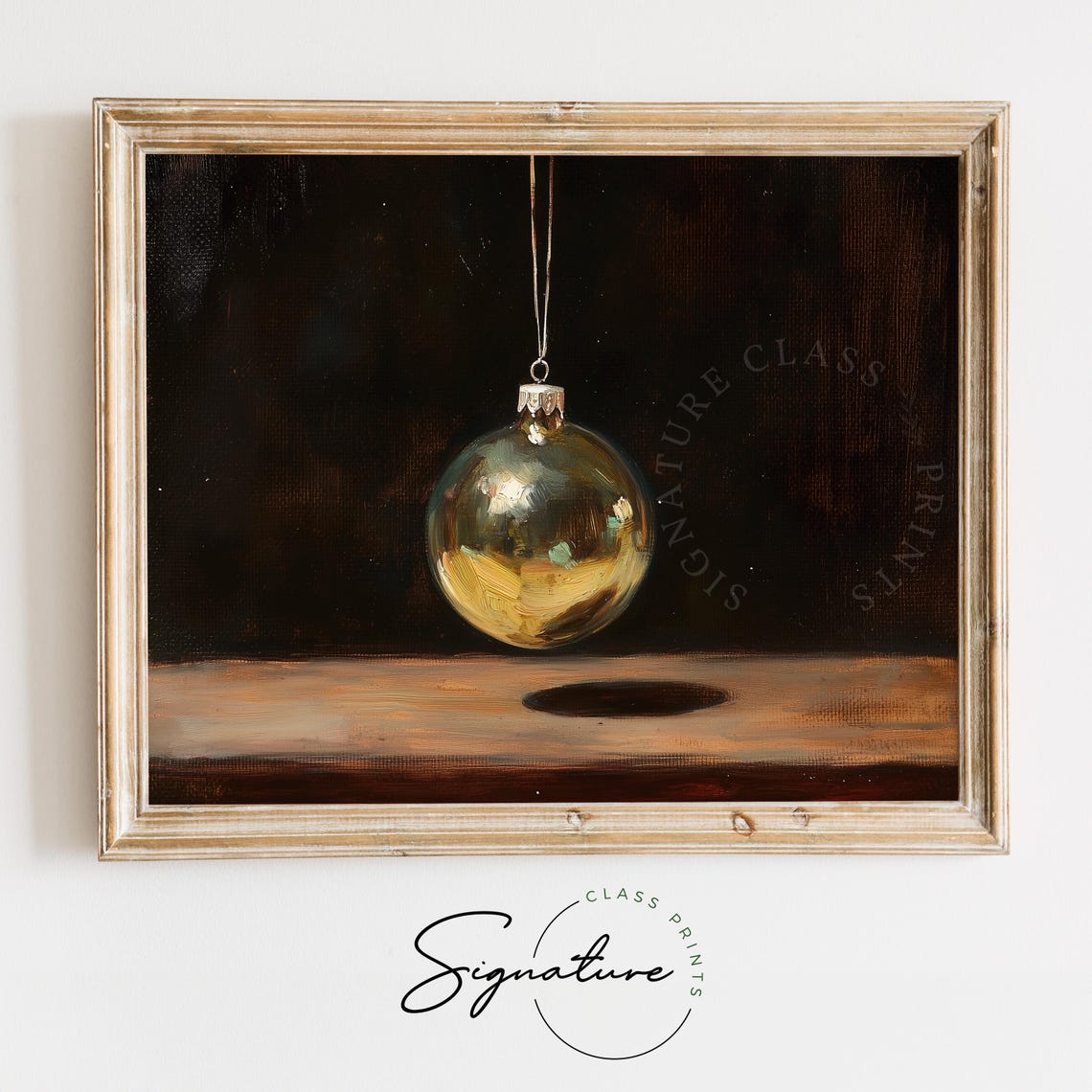 Single Gold Christmas Ornament Hanging Against Dark Background Poster