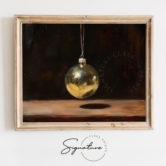 Gold Ornament On Pine Branch Christmas Art Rustic Farmhouse Holiday Wall Art Muted Colors Moody Festive Decor Seasonal Accent 2782
