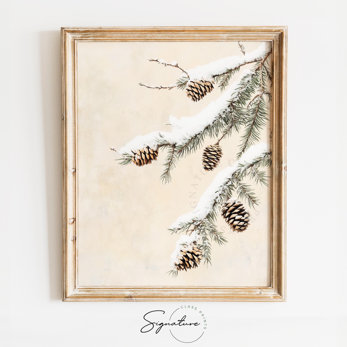 Snowy Pine Branch With Pinecones On Cream Minimalist Winter Wall Art