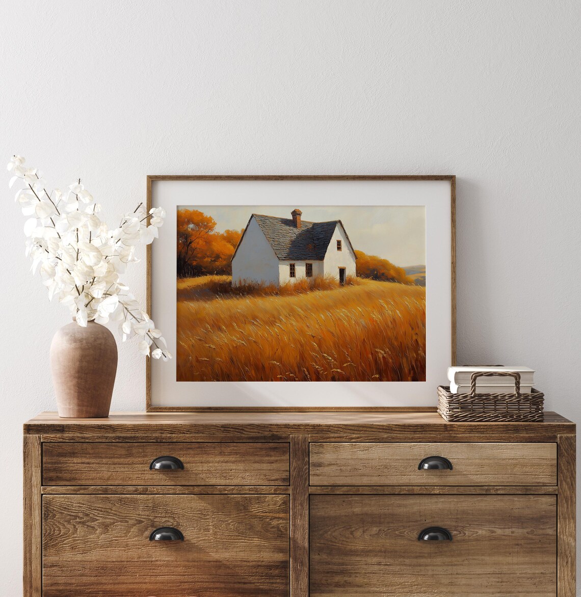 White Barn Golden Wheat Field Autumn Farm Rustic Fall Landscape Wall Art - Image 3