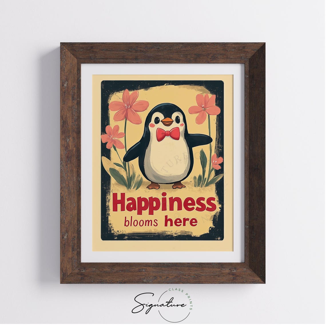 Sweet Happiness Blooms Here Penguin Retro Floral Animal Poster - Image 4
