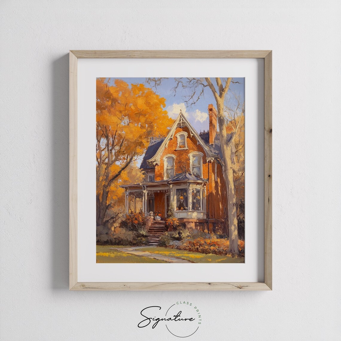 Victorian Brick House With a Grand Porch Framed by Orange Maples Poster - Image 3
