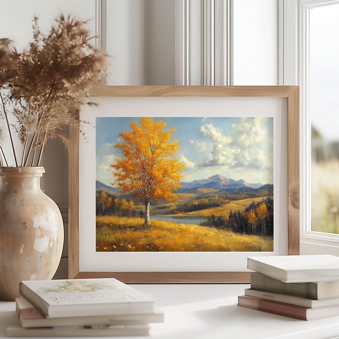 Golden Birch Tree Mountain Lake Autumn Hillside Fall Landscape Wall Art - Image 2