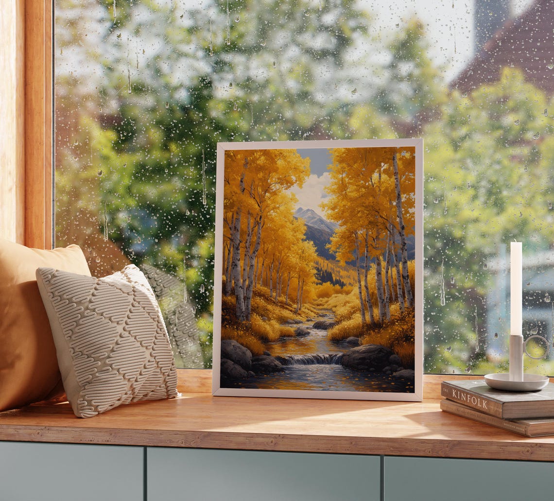 Golden Aspen Forest Mountain Stream Snowy Peak Landscape Print - Image 2