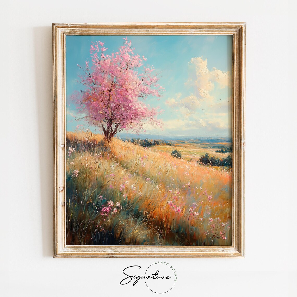 Pastoral Spring Meadow With Blossoming Pink Tree Golden Field Poster