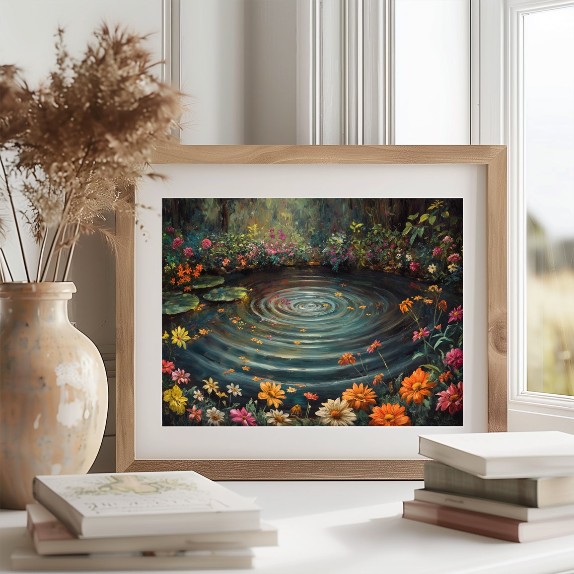 Enchanted Rippling Pond With Pink And Orange Blossoms Floral Poster - Image 2