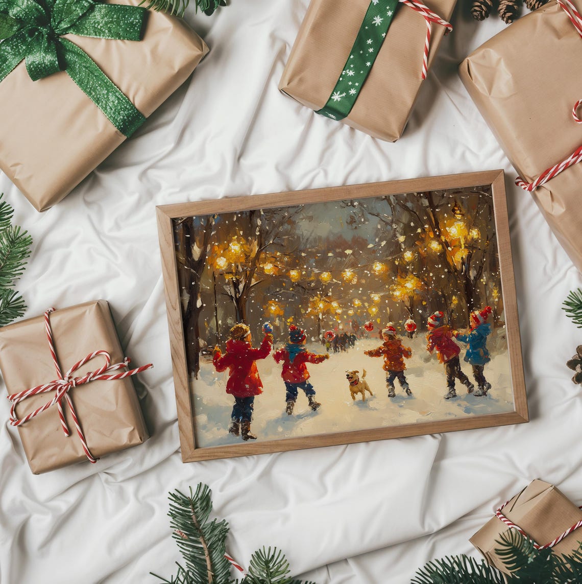 Children and Dog Playing in Snow Under Warm String Lights Poster - Image 2