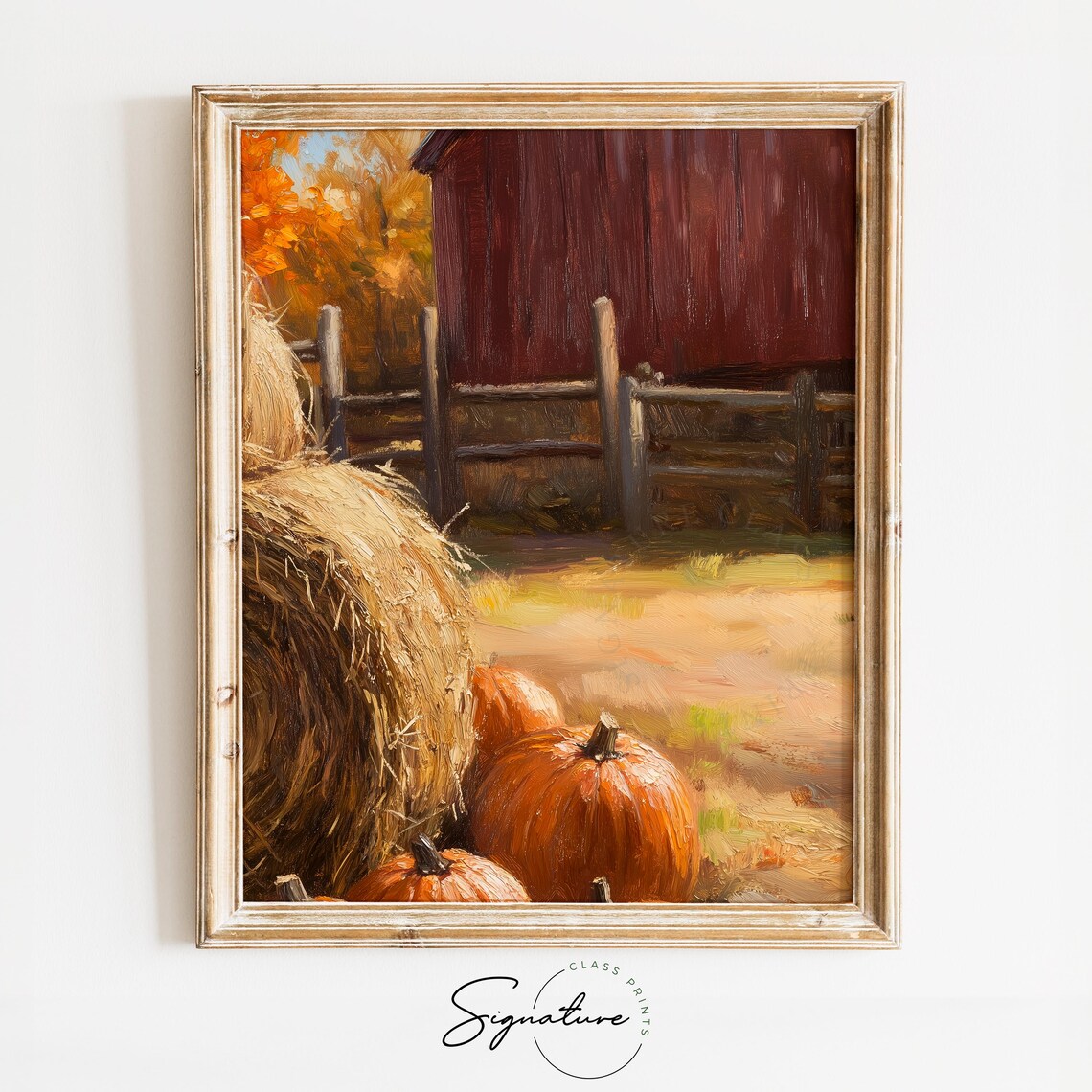 Fall Pumpkins Hay Bales Red Barn Wooden Fence Country Poster