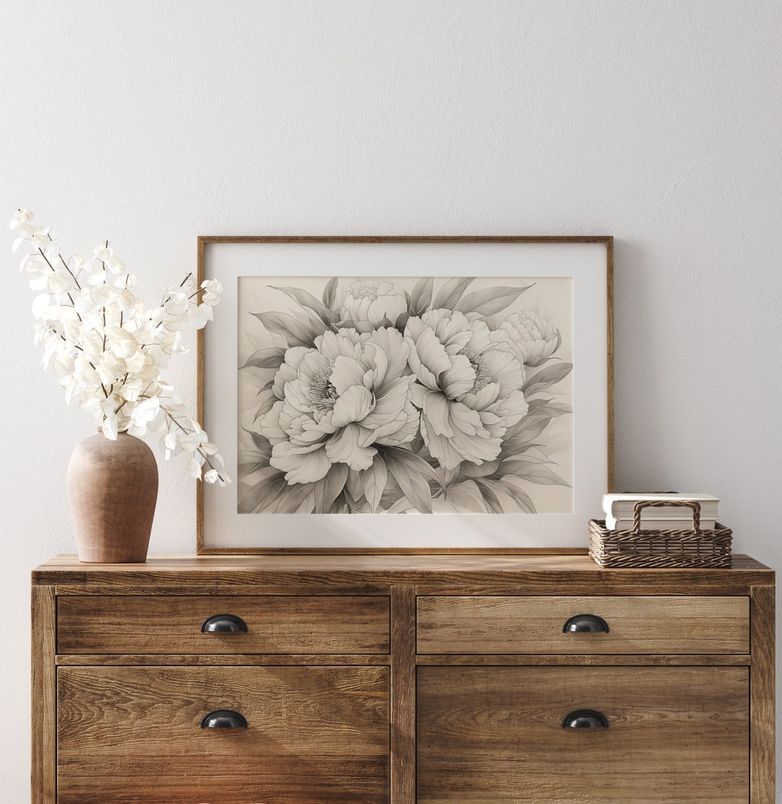Peony Bouquet Soft Grayscale Elegant Botanical Floral Sketch Poster - Image 3