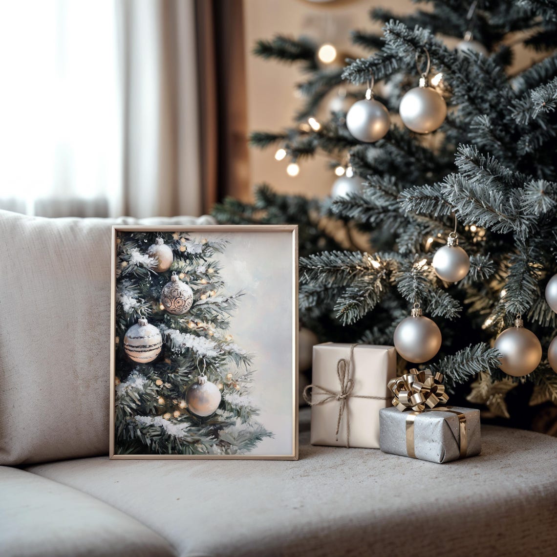 Blush Ornaments On Snowy Christmas Tree Branches Close Up Poster - Image 5
