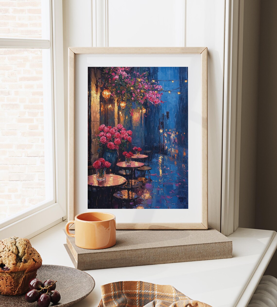 Rainy Night Cafe Patio Scene Art Print, Rustic Charm - Image 4