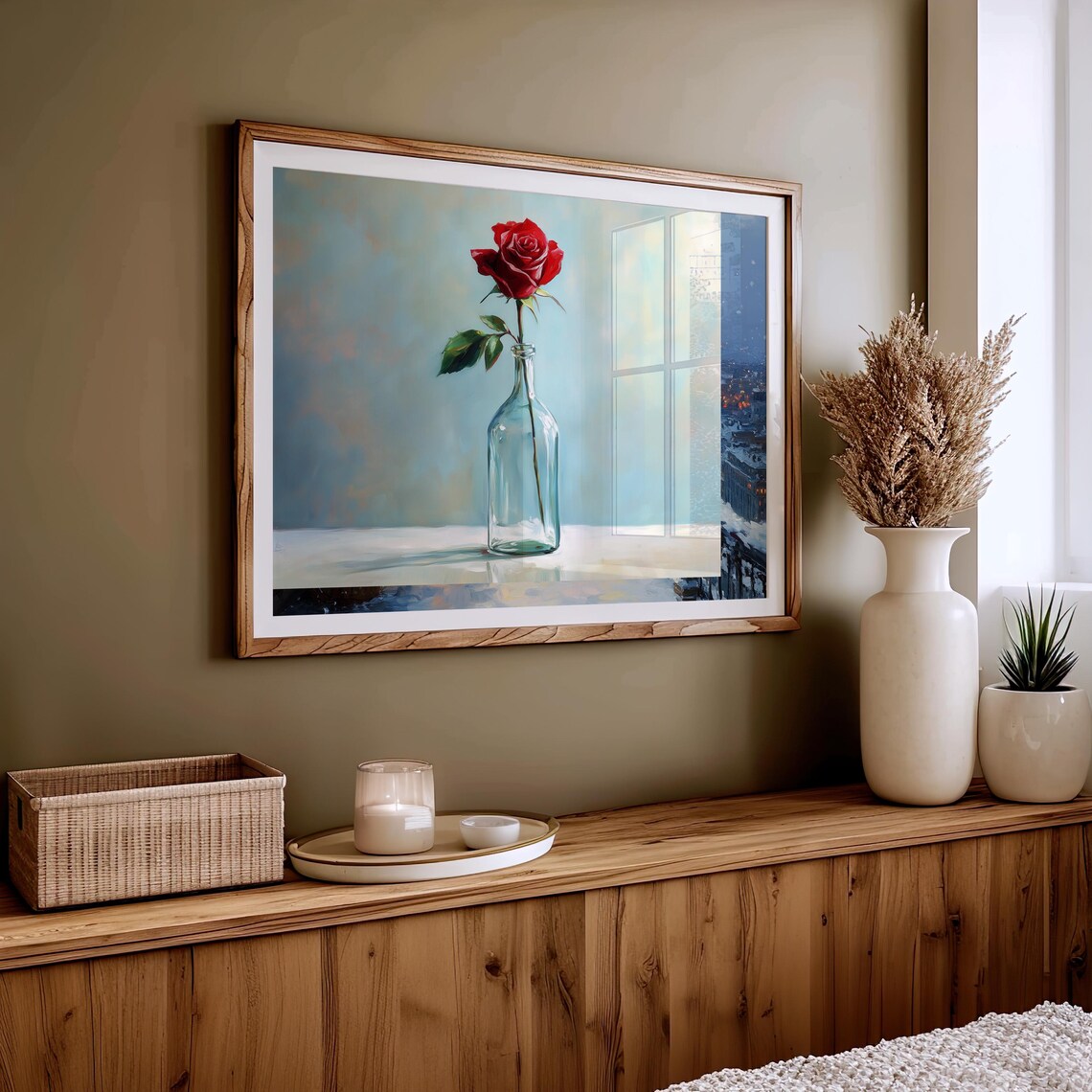 Single Red Rose In Glass Bottle Vintage Still Life Floral Wall Art - Image 4
