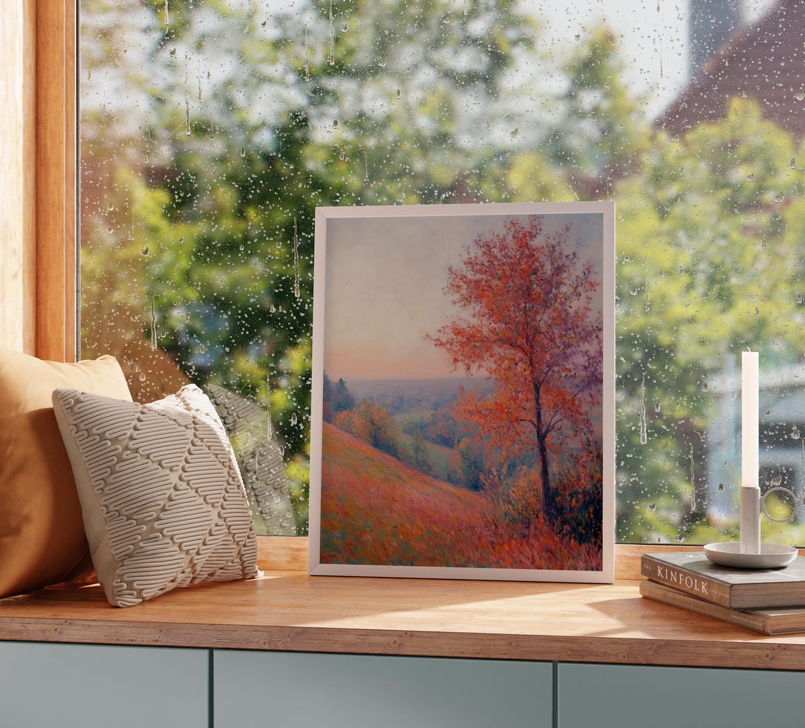 Lone Scarlet Tree Overlooking a Misty Pastel Autumn Valley Poster - Image 2