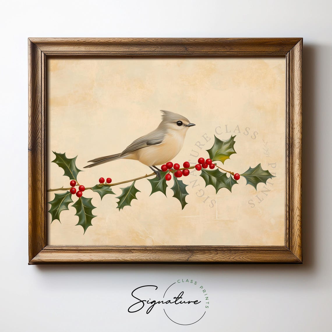 Tufted Titmouse on Holly Branch with Red Berries Bird Art Poster - Image 5