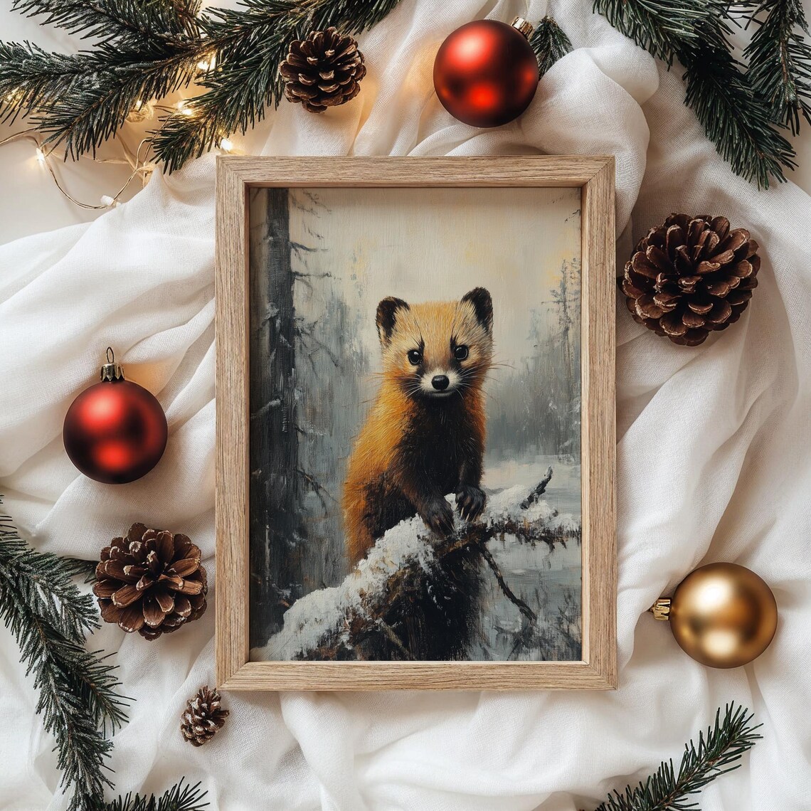 Pine Marten on Snowy Branch Winter Forest Wildlife Oil Painting Print - Image 4