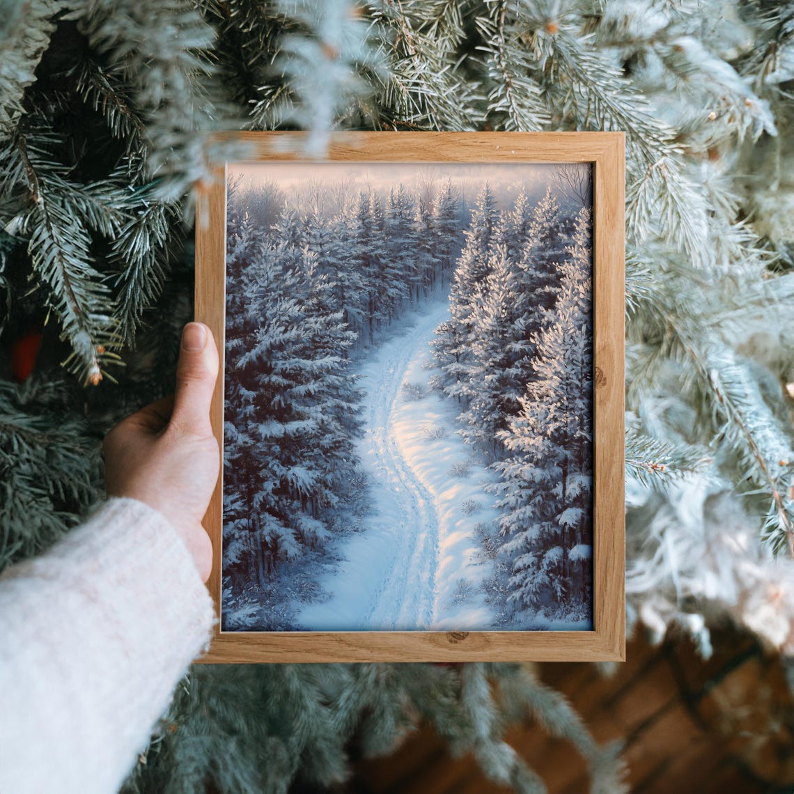 Snowy Forest Path Between Frosted Firs at Pink Winter Dawn Poster - Image 6