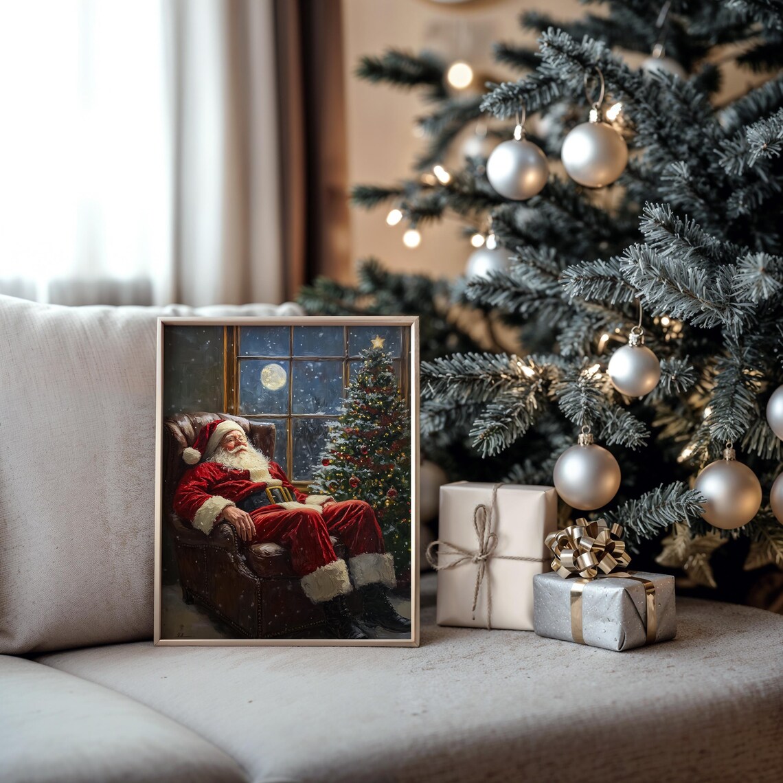 Vintage Oil Painting Of Santa Claus By Fireplace Rustic Christmas Art Cozy Holiday Scene Cottagecore Santa Decor Art 2116 - Image 6