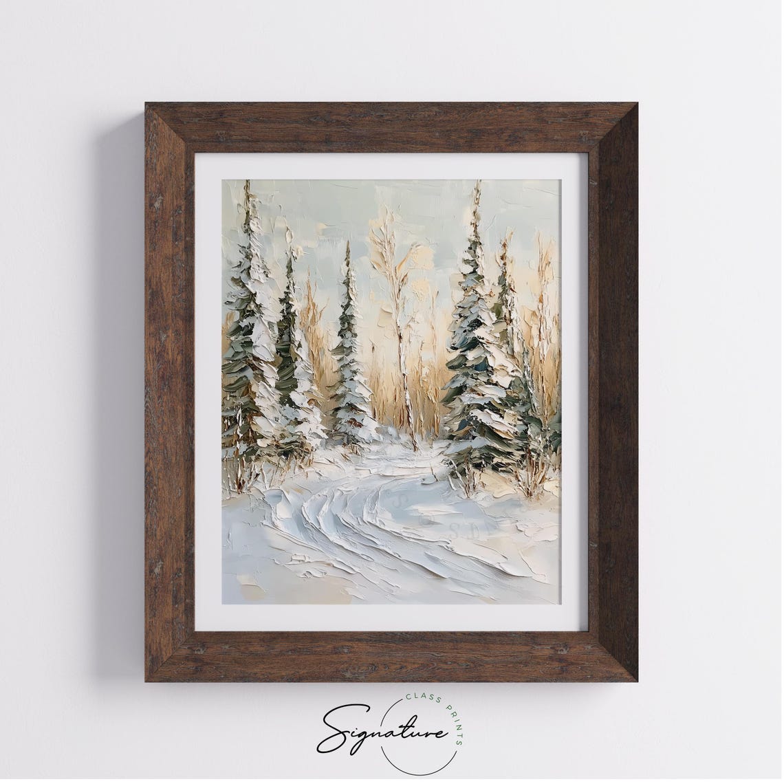 Snow Laden Evergreens with Curving Trail Impasto Winter Poster - Image 4