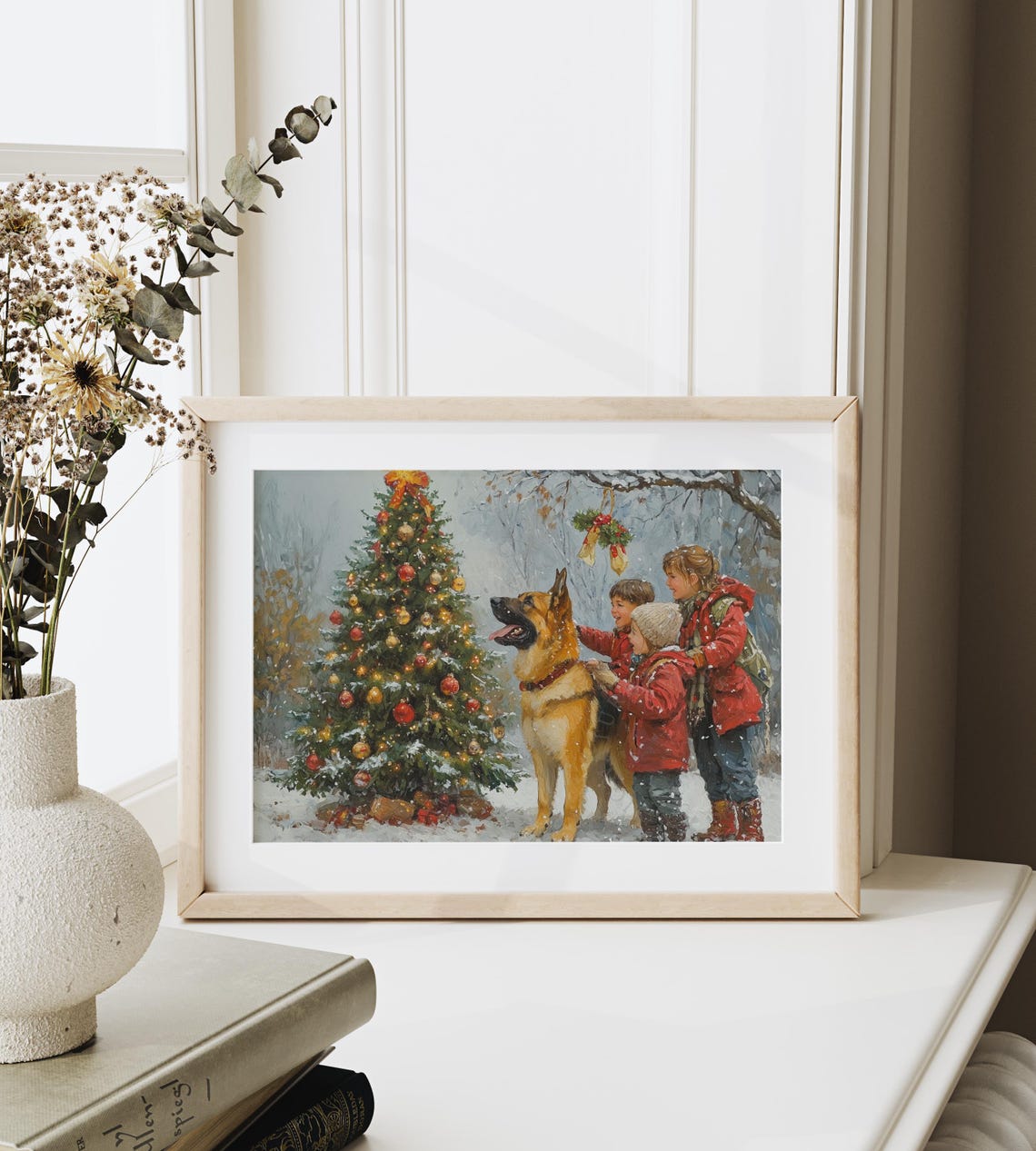 Kids And German Shepherd Dog By Outdoor Christmas Tree Poster - Image 6