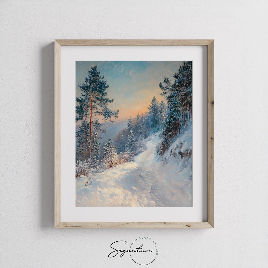 Snowy Forest Path at Sunset Under Blue and Peach Sky View Poster - Image 2