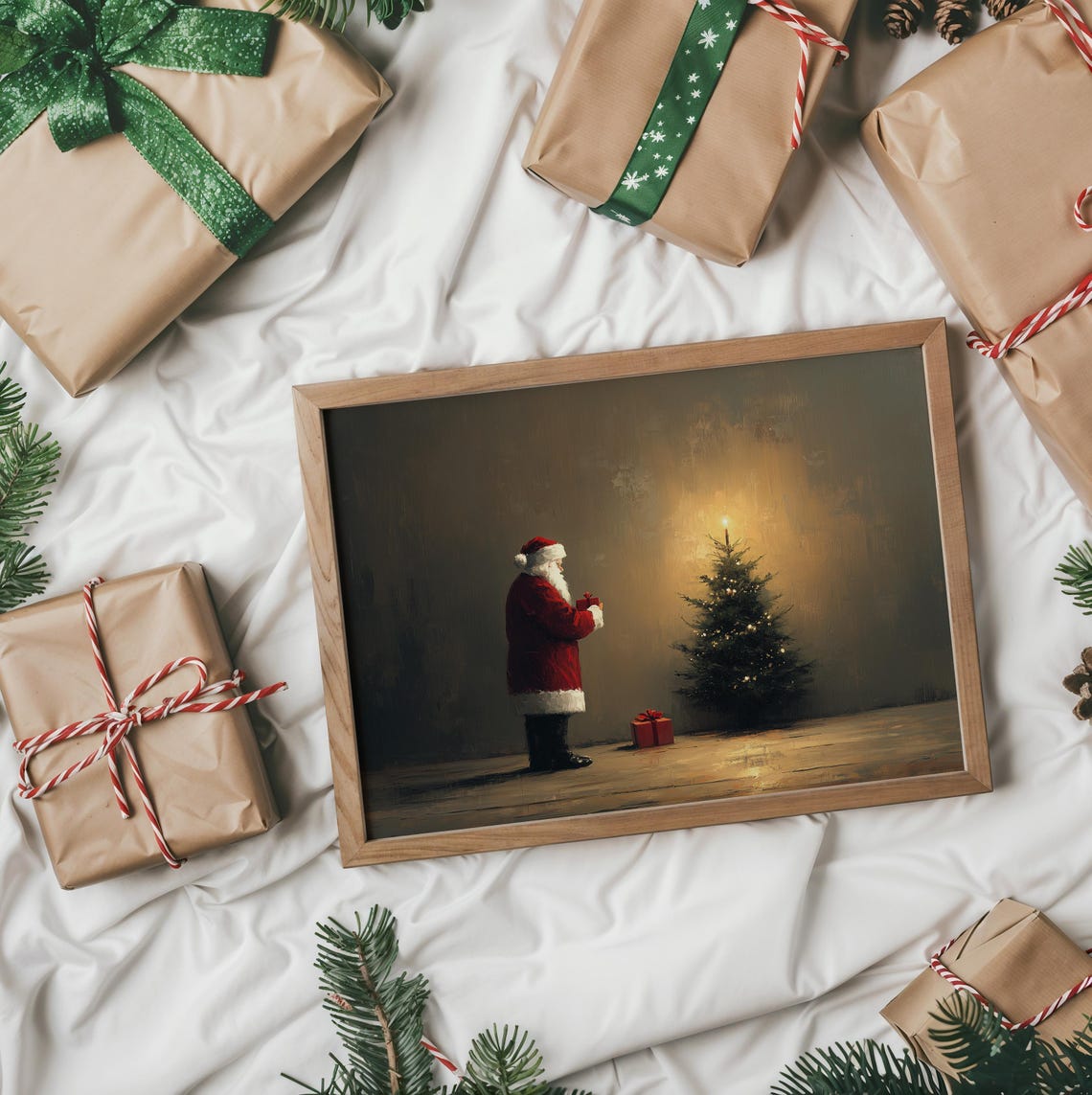 Santa Claus With Gift Beside Small Lit Christmas Tree Vintage Poster - Image 2