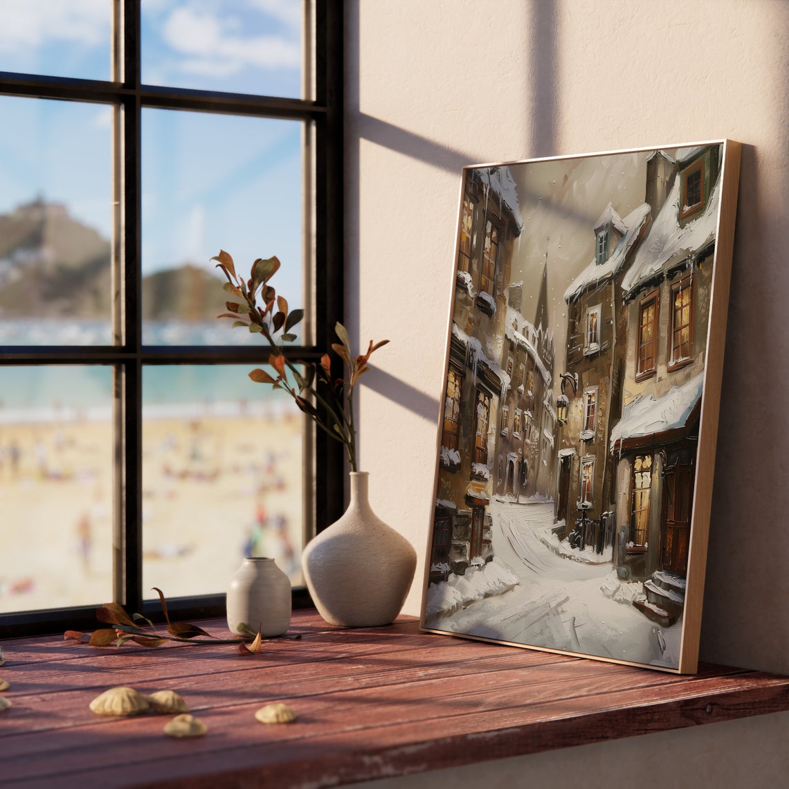 Snowy Old Town Street at Dusk with Warm Glowing Windows Poster - Image 5