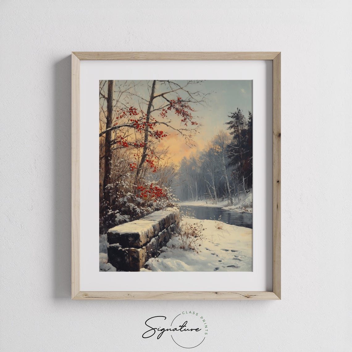 Snow-Covered Stone Bridge Over a Frozen River at Winter Sunrise Poster - Image 2