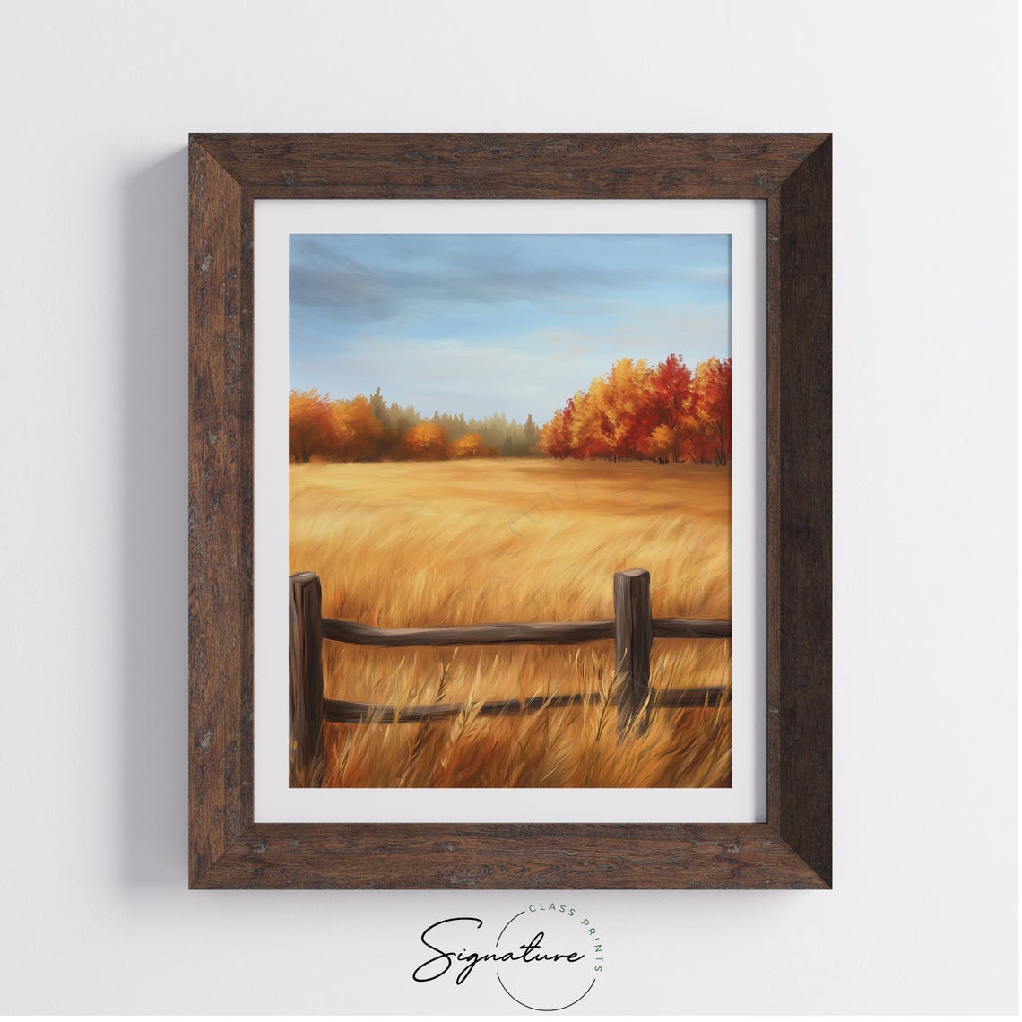 Golden Field and Rustic Rail Fence Under Autumn Sky Landscape Poster - Image 4